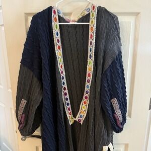 Pol Long Open Front Cardigan Kimono Knitted Navy Gray Boho Embroidery SMJ368C